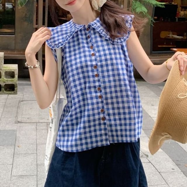 Okalpis-Sleeveless Plaid Blouse