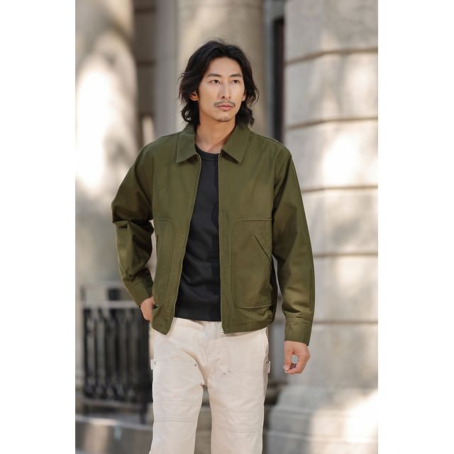OKONKWO-Collared Plain Zip Jacket