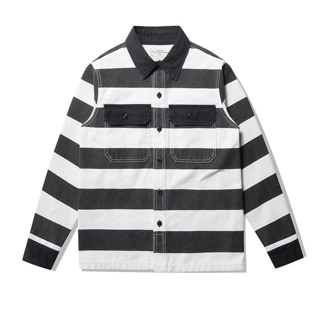 OKONKWO-Collared Striped Button-Up Jacket
