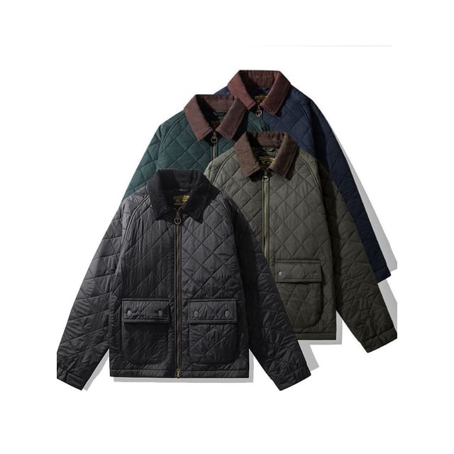 OKONKWO-Corduroy Collar Quilted Zip Jacket