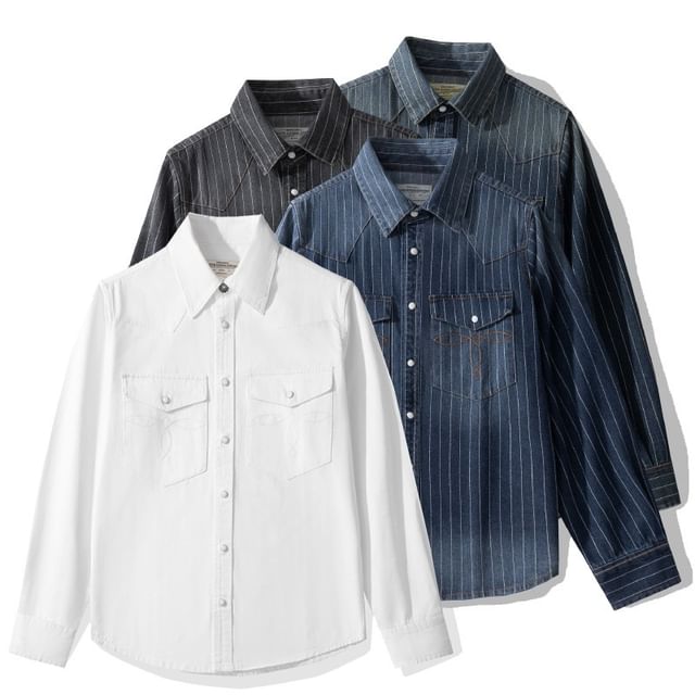OKONKWO-Washed Striped Denim Shirt