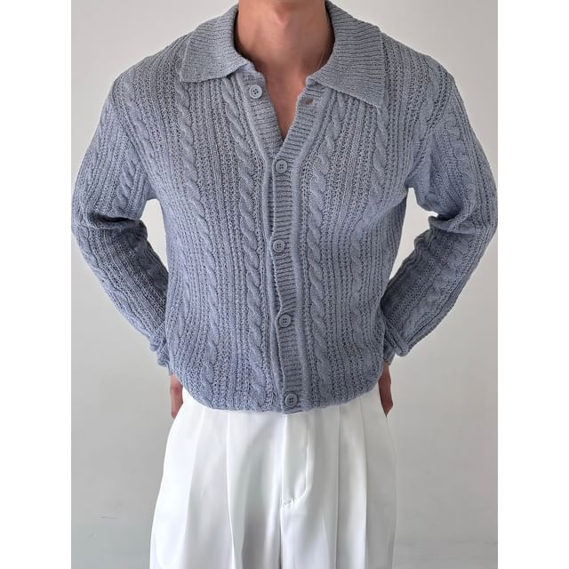 Okwano-Collar Plain Cable-Knit Cardigan