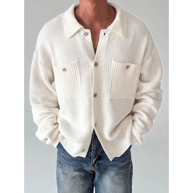 Okwano-Collar Plain Pocket Front Cardigan