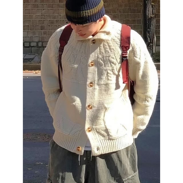 Okwano-Collared Button-Up Plain Cardigan