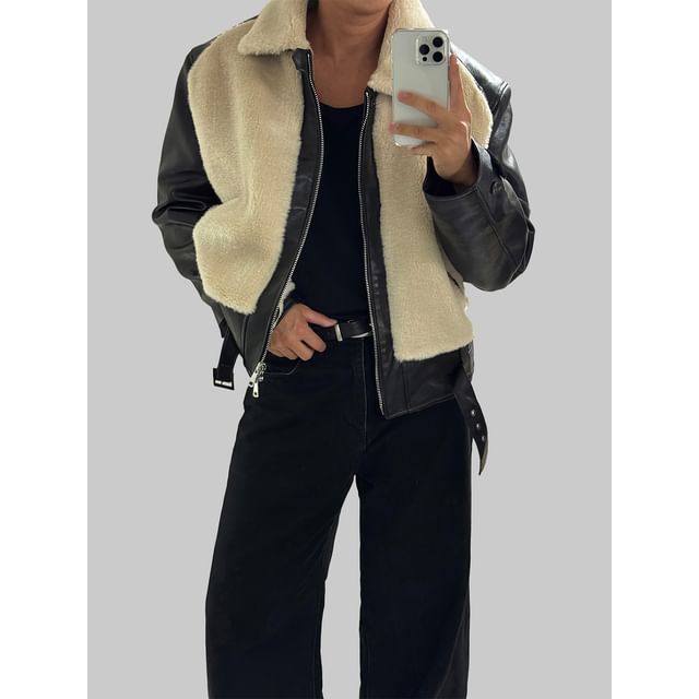 Okwano-Collared Faux Leather Panel Fleece Zip Jacket