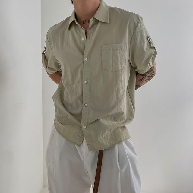 Okwano-Elbow-Sleeve Button-Up Plain Shirt