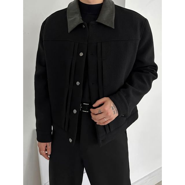 Okwano-Faux Leather Collar Button-Up Jacket