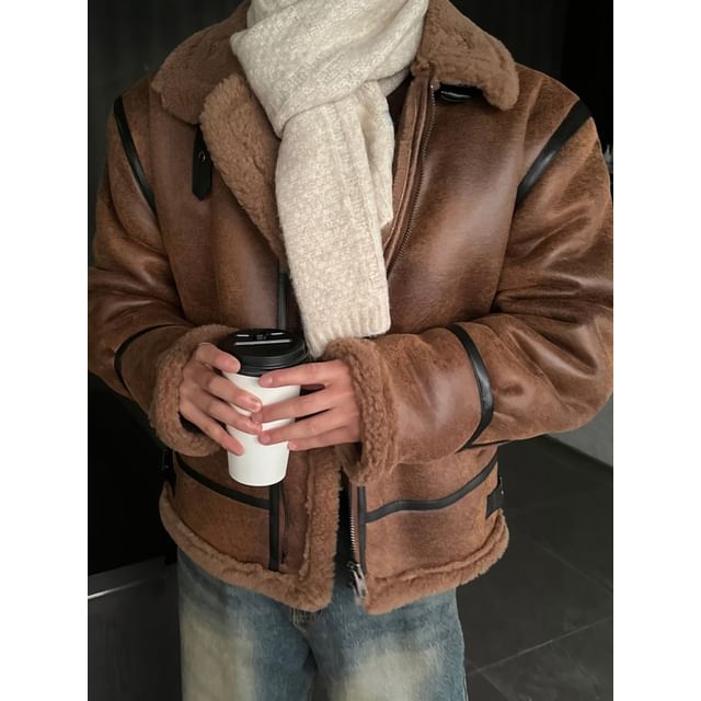 Okwano-Faux Leather Fleece Lined Collared Zip-Up Jacket