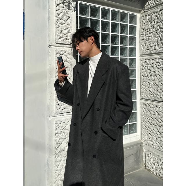Okwano-Lapel Collar Plain Midi Double-Breasted Coat