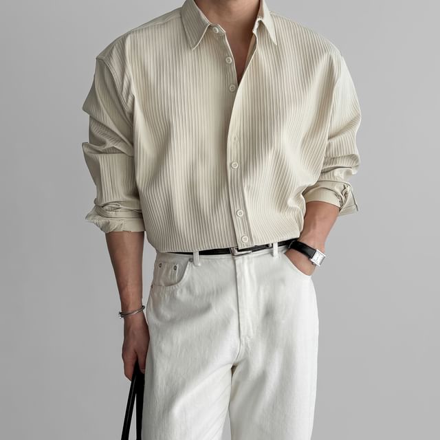 Okwano-Long-Sleeve Button-Up Plain Shirt