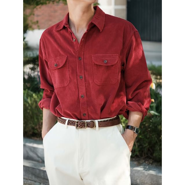Okwano-Long-Sleeve Corduroy Plain Shirt