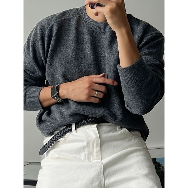 Okwano-Long-Sleeve Crew Neck Plain Sweater