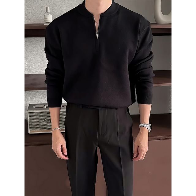 Okwano-Long-Sleeve Half-Zip Plain Sweatshirt