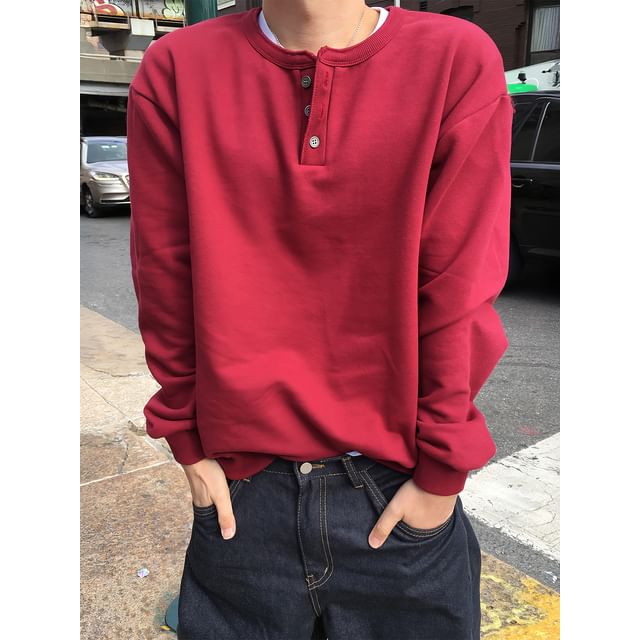 Okwano-Long-Sleeve Henley Plain T-Shirt