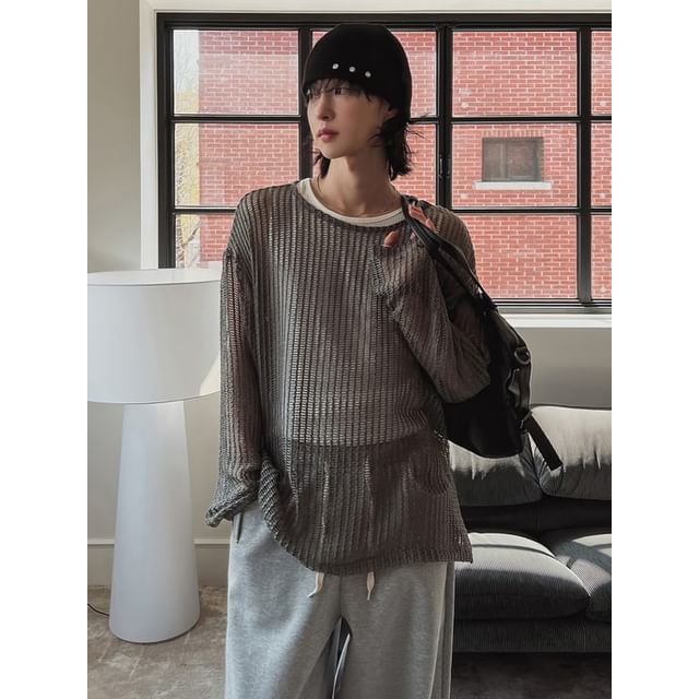 Okwano-Long-Sleeve Open-Knit Cape Top