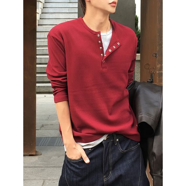 Okwano-Mock Two-Piece Long-Sleeve Henley Plain T-Shirt