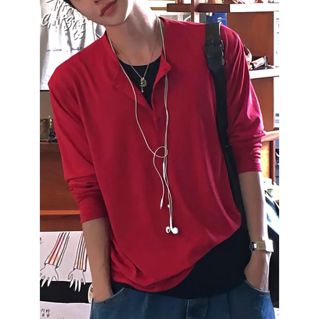 Okwano-Mock Two-Piece Long-Sleeve Henley Plain T-Shirt