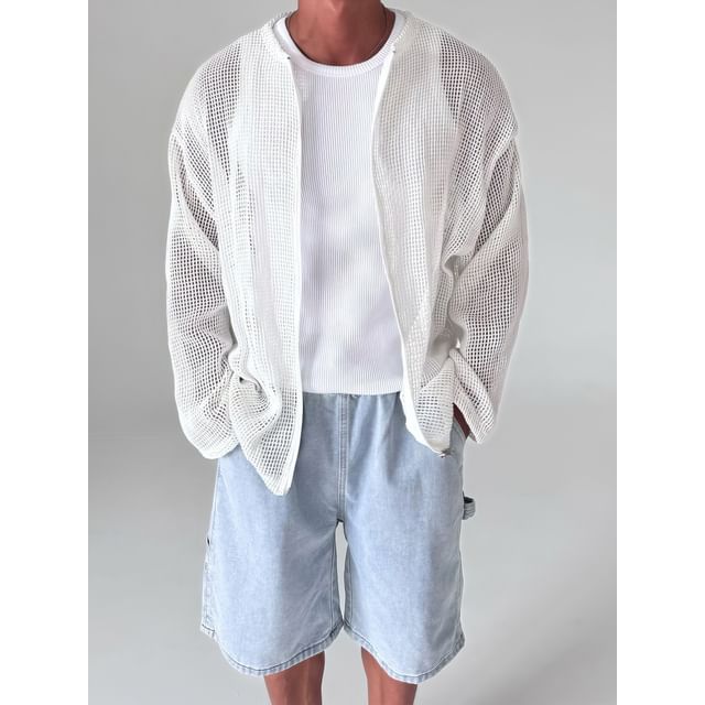 Okwano-Plain Pointelle Knit Zip Cardigan