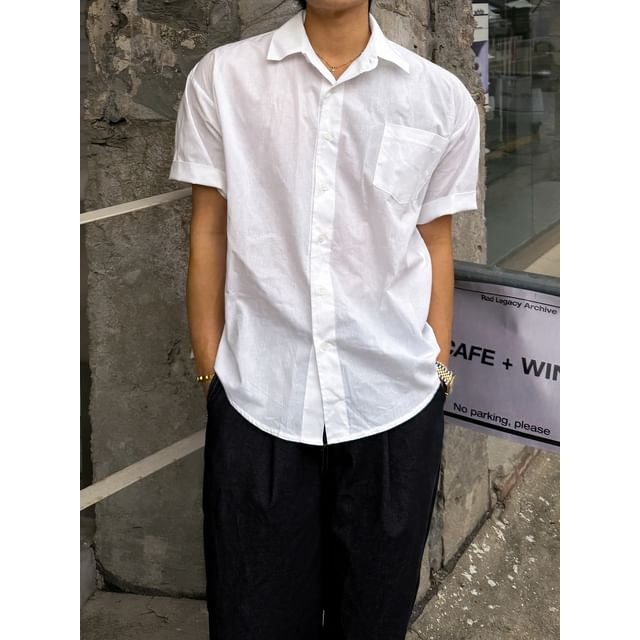 Okwano-Short-Sleeve Plain Pocket Front Shirt