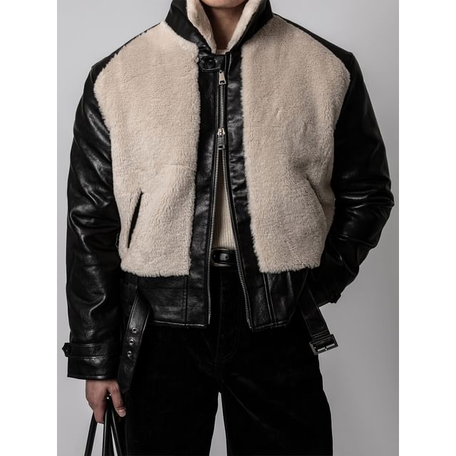 Okwano-Stand Collar Faux Leather Panel Fleece Zip Jacket