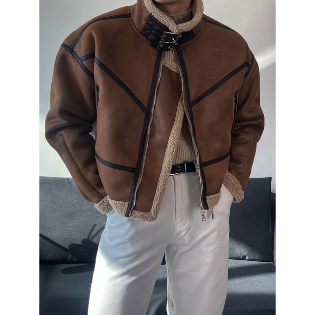 Okwano-Stand Collar Panel Faux Shearling Zip Jacket