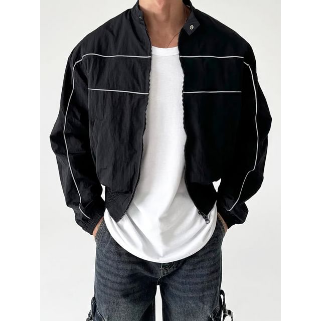 Okwano-Stand Collar Striped Zip Jacket
