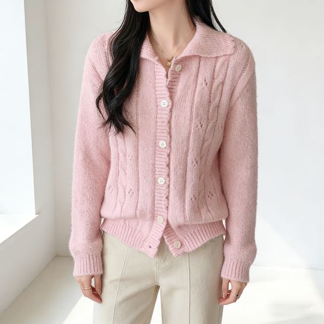 Omibayo-Collared Button-Up Plain Cable Knit Cardigan