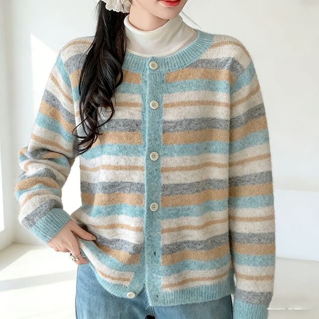 Omibayo-Crew Neck Color Block Button-Up Cardigan