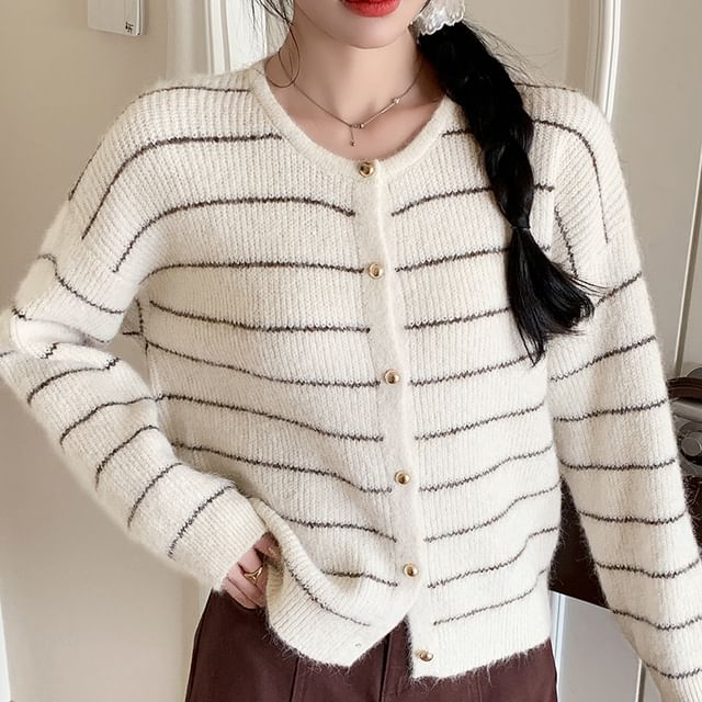 Omibayo-Crew Neck Striped Button-Up Cardigan