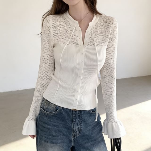 Omibayo-Flared-Cuff Plain Button-Up Knit Top