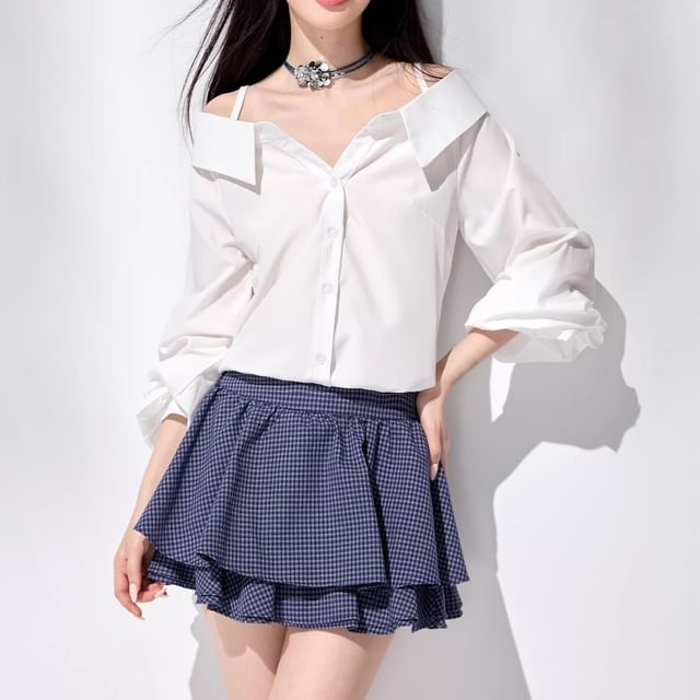 Omibayo-Long Sleeve Cold Shoulder Plain Blouse