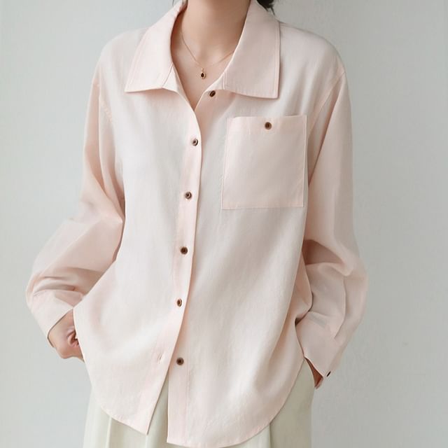 Omibayo-Long-Sleeve Collared Button-Up Plain Blouse