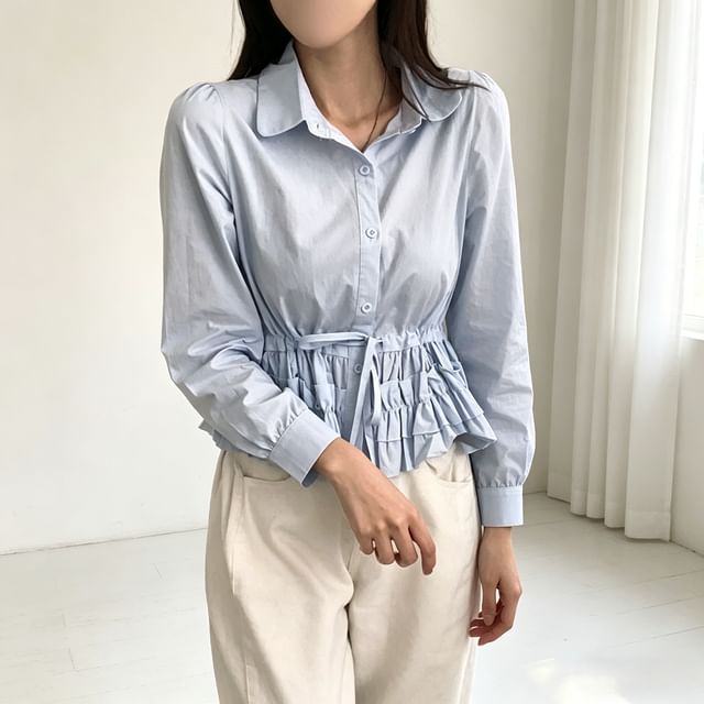 Omibayo-Long-Sleeve Collared Frill Trim Drawstring Waist Button-Up Plain Blouse