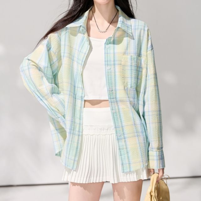 Omibayo-Long Sleeve Collared Plaid Shirt