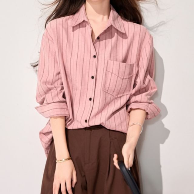 Omibayo-Long Sleeve Collared Striped Shirt