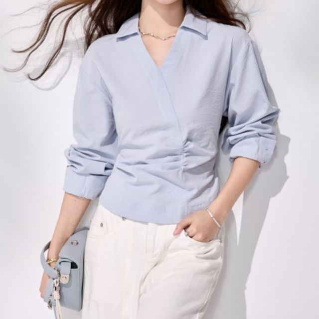Omibayo-Long Sleeve Collared V-Neck Plain Ruched Blouse