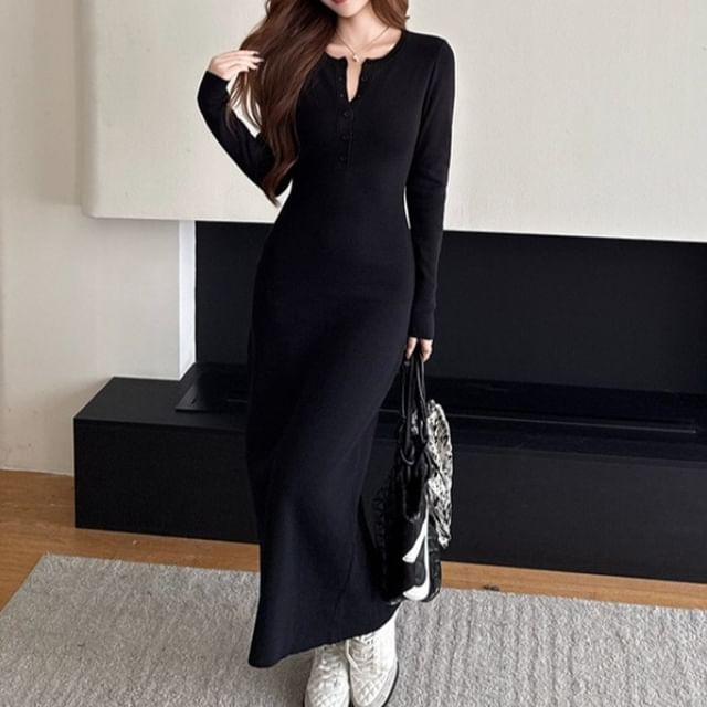 Omibayo-Long-Sleeve Crew Neck Half-Buttoned Plain Maxi Sheath Knit Dress