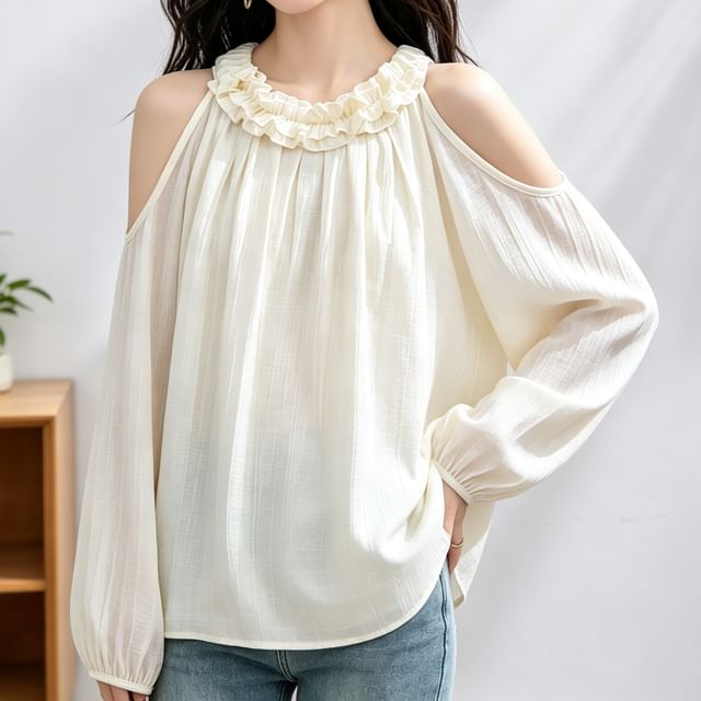 Omibayo-Long-Sleeve Crewneck Cold Shoulder Ruffle Plain Blouse