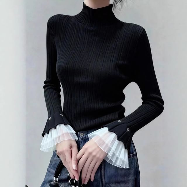 Omibayo-Long-Sleeve Mock Neck Two Tone Flared Cuff Knit Top