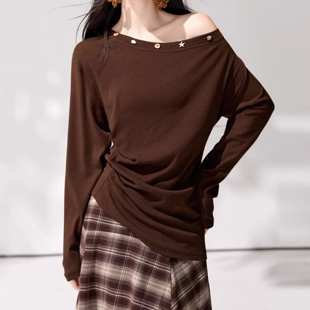 Omibayo-Long Sleeve One Shoulder Button Detail Asymmetrical Ruched Top