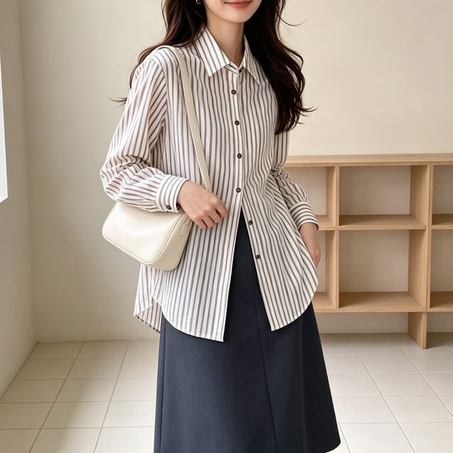 Omibayo-Long-Sleeve Pinstripe Button-Up Shirt