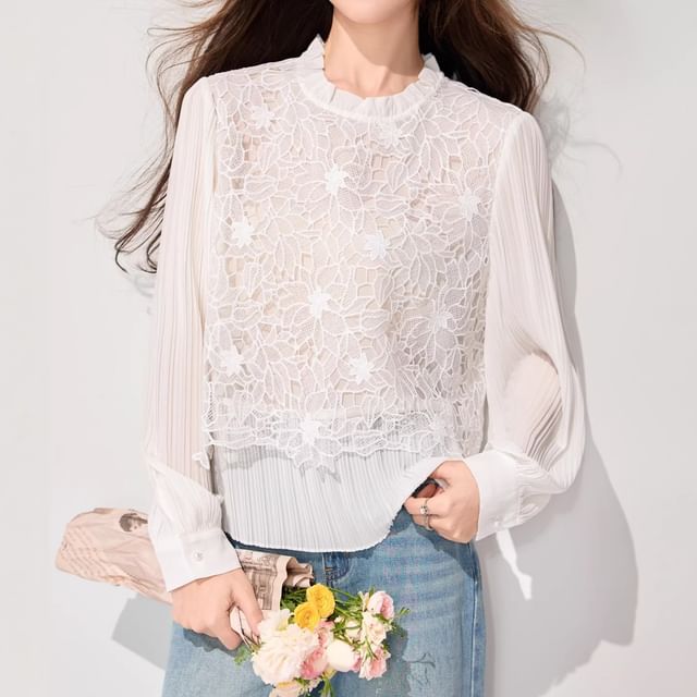 Omibayo-Long Sleeve Round Neck Plain Pleated Panel Lace Blouse