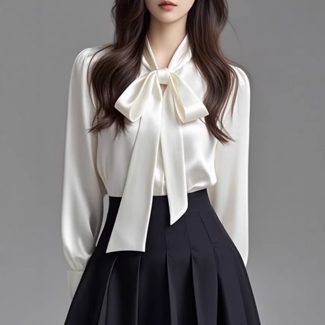 Omibayo-Long-Sleeve Tie-Neck Button-Up Plain Blouse