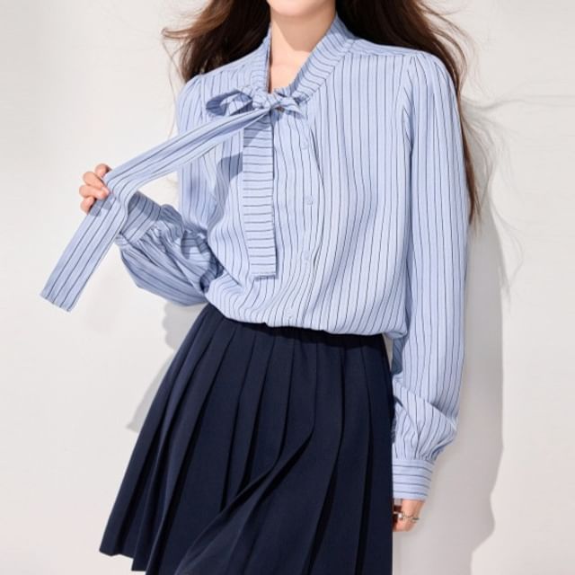 Omibayo-Long Sleeve Tie Neck Striped Blouse