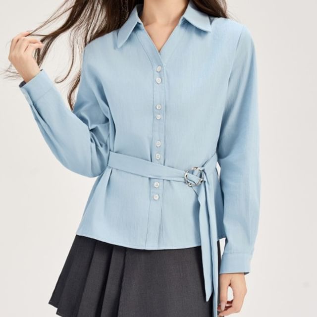 Omibayo-Long-Sleeve V-Neck Collared Button-Up Plain Blouse