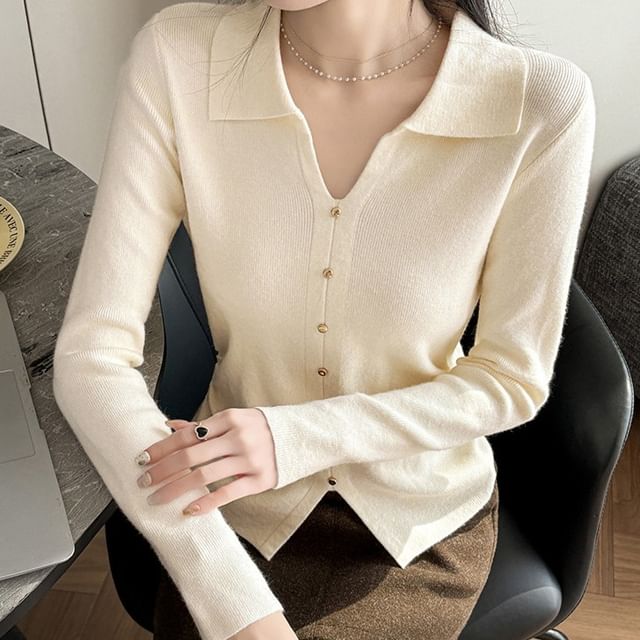 Omibayo-Long-Sleeve V-Neck Collared Plain Slit Knit Top
