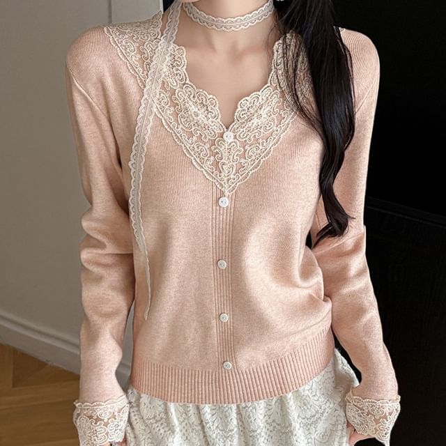 Omibayo-Long-Sleeve V-Neck Lace Panel Button Accent Knit Top