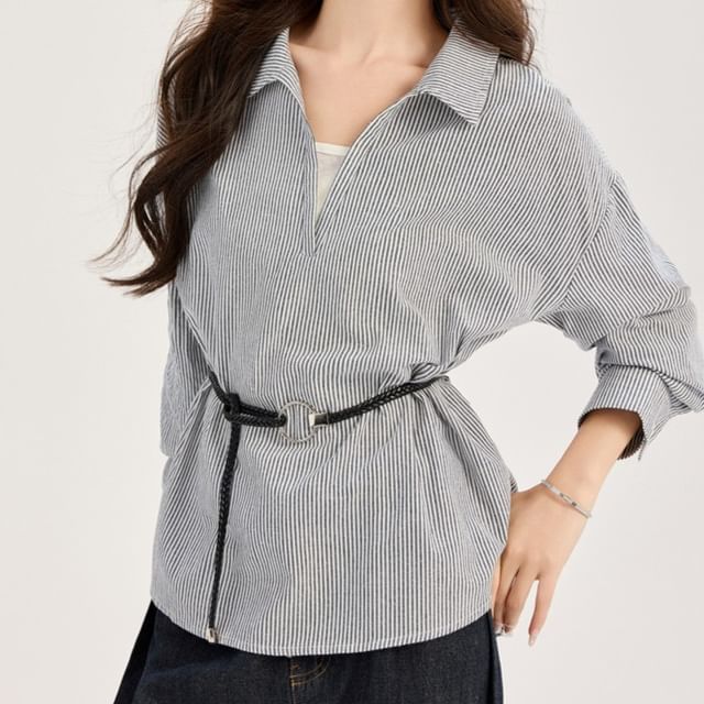 Omibayo-Mock Two-Piece Long-Sleeve V-Neck Collared Striped Blouse