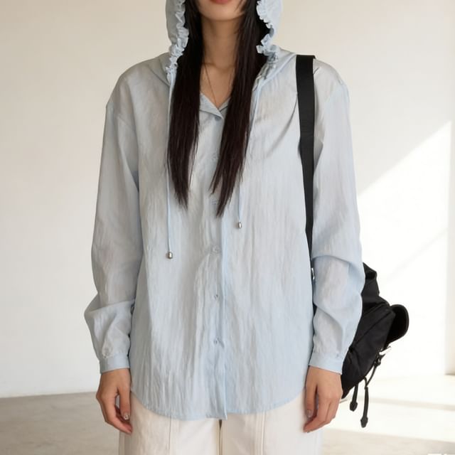 Omibayo-Plain Hooded Ruffle Trim Button-Up Shirt