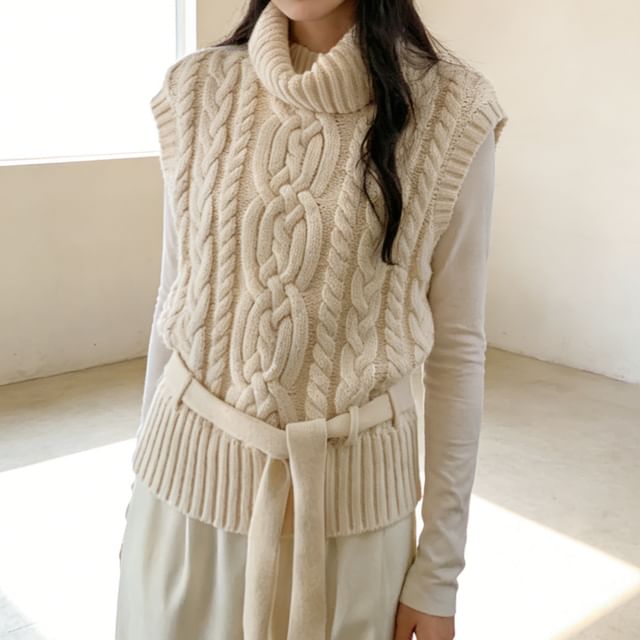 Omibayo-Plain Turtleneck Cable Knit Sweater Vest